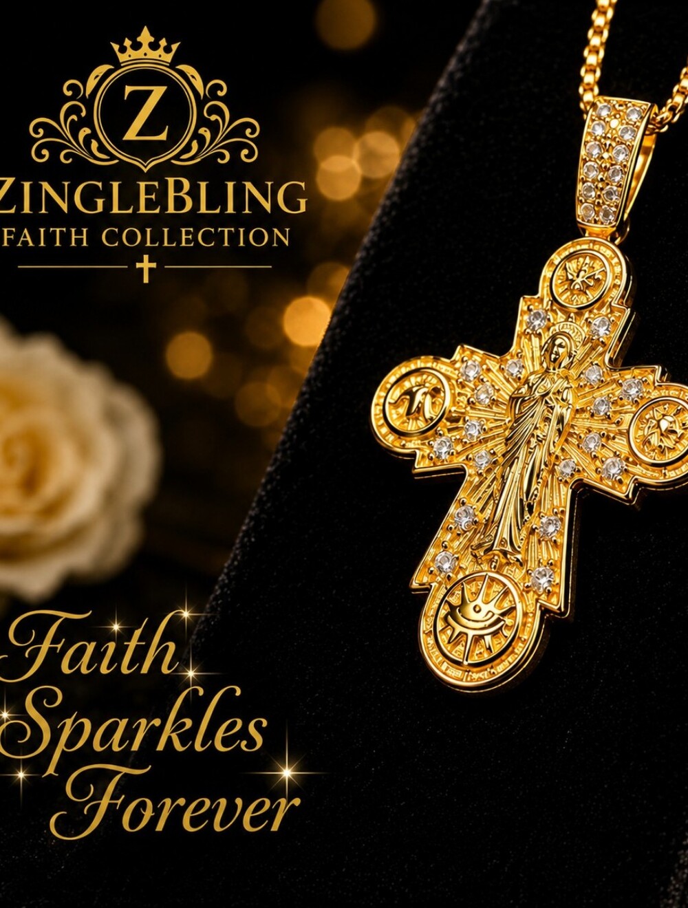 18K Gold Over Stainless Steel CZ Jesus Cross Necklace 18" + 2 In. Ext.